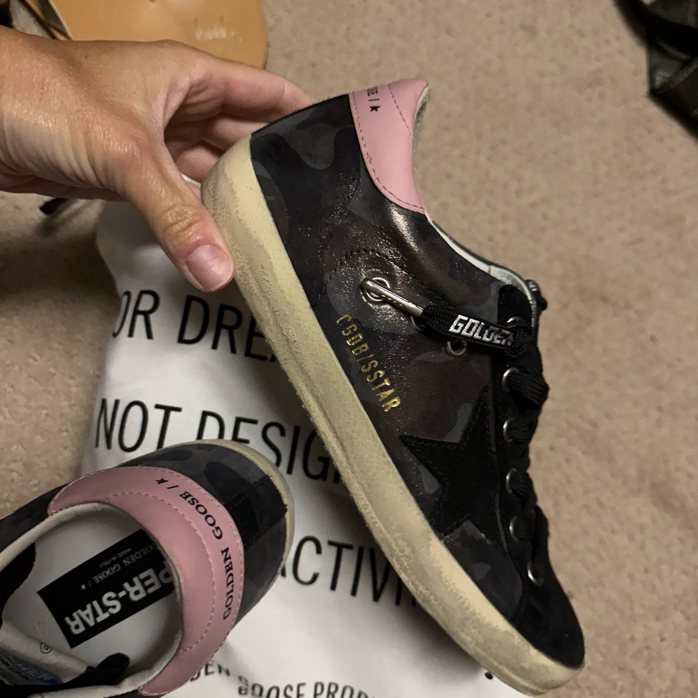 Golden goose black camo with pink heel tab